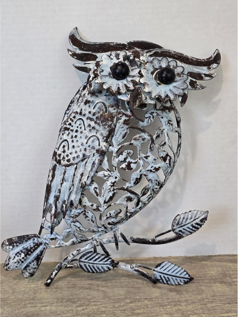 Rustic Metal Owl on Branch Wall Art Hanging Farmhouse  Cottagecore Turquoise